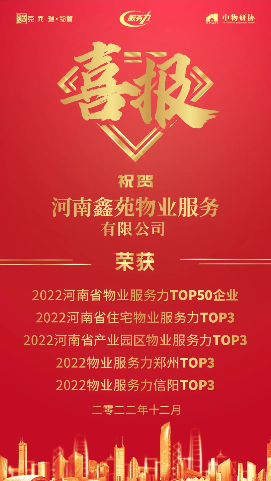 喜报 | 河南鑫苑物业荣获“2022河南省物业服务力TOP50企业”、“2022河南省住宅物业服务力TOP3”等 喜报 | 河南鑫苑物业荣获“2022河南省物业服务力TOP50企业”、“2022河南省住宅物业服务力TOP3”等