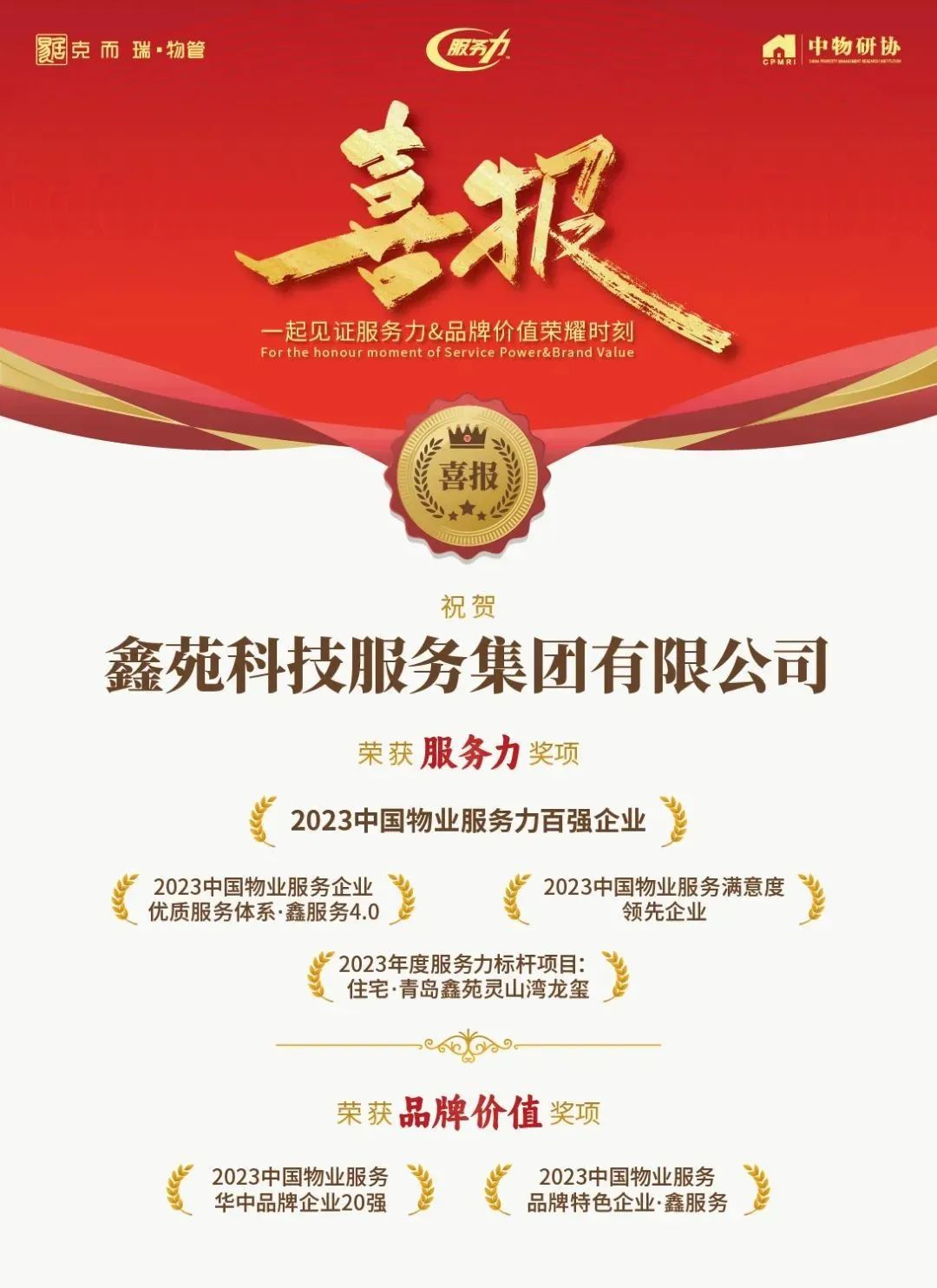 鑫苑服务荣获“2023中国物业服务力百强企业”、“2023中国物业服务满意度领先企业”等多项荣誉 鑫苑服务荣获“2023中国物业服务力百强企业”、“2023中国物业服务满意度领先企业”等多项荣誉